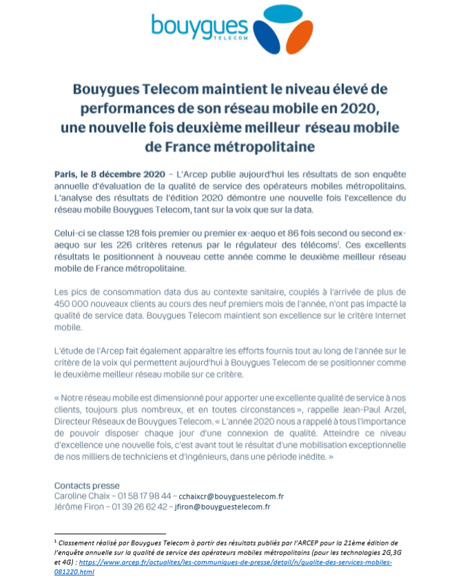 Communiqué de presse - Bouygues Telecom Entreprises - Arcep